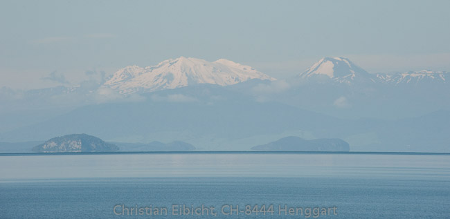 Blick über den Lake Taupo zu den Gipfeln Mt. Tongariro, Mt. Ngauruhoe und dem Mt. Ruapehu (Nordinsel).